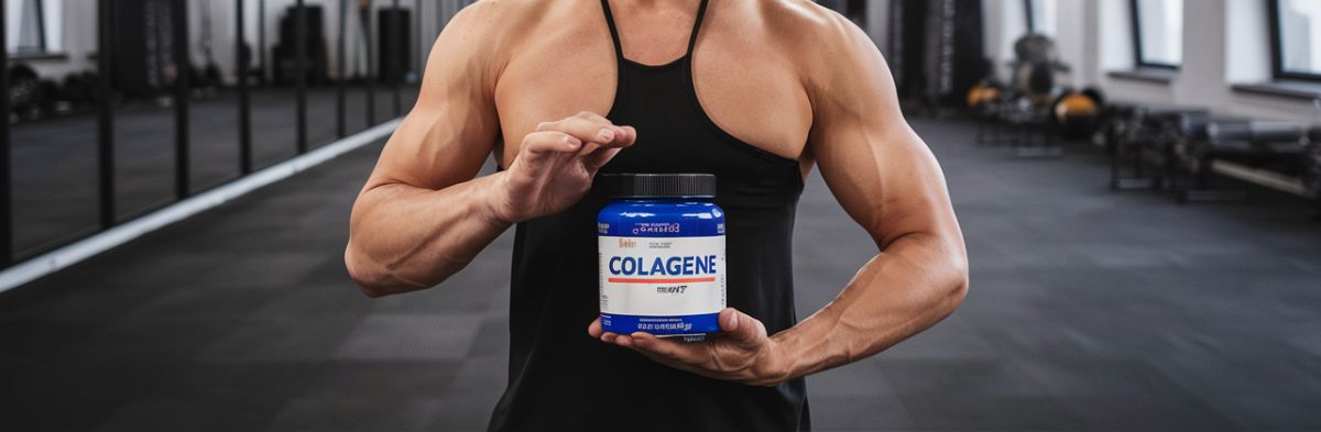 Homme sportif qui tient un pot de collagène